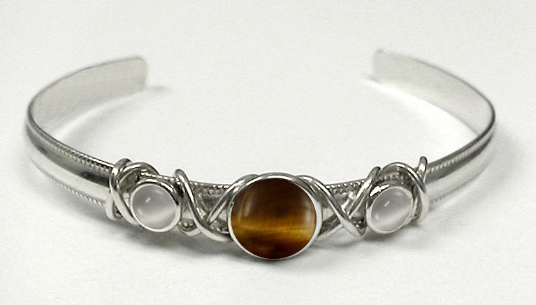 Sterling Silver Hand Made Cuff Bracelet With Tiger Eye And White Moonstone